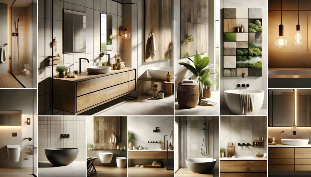 Collage von stilvollen Badezimmerdesigns mit modernen Badarmaturen, freistehenden Badewannen, Holzdetails und innovativen Einrichtungsideen für ein luxuriöses Ambiente.