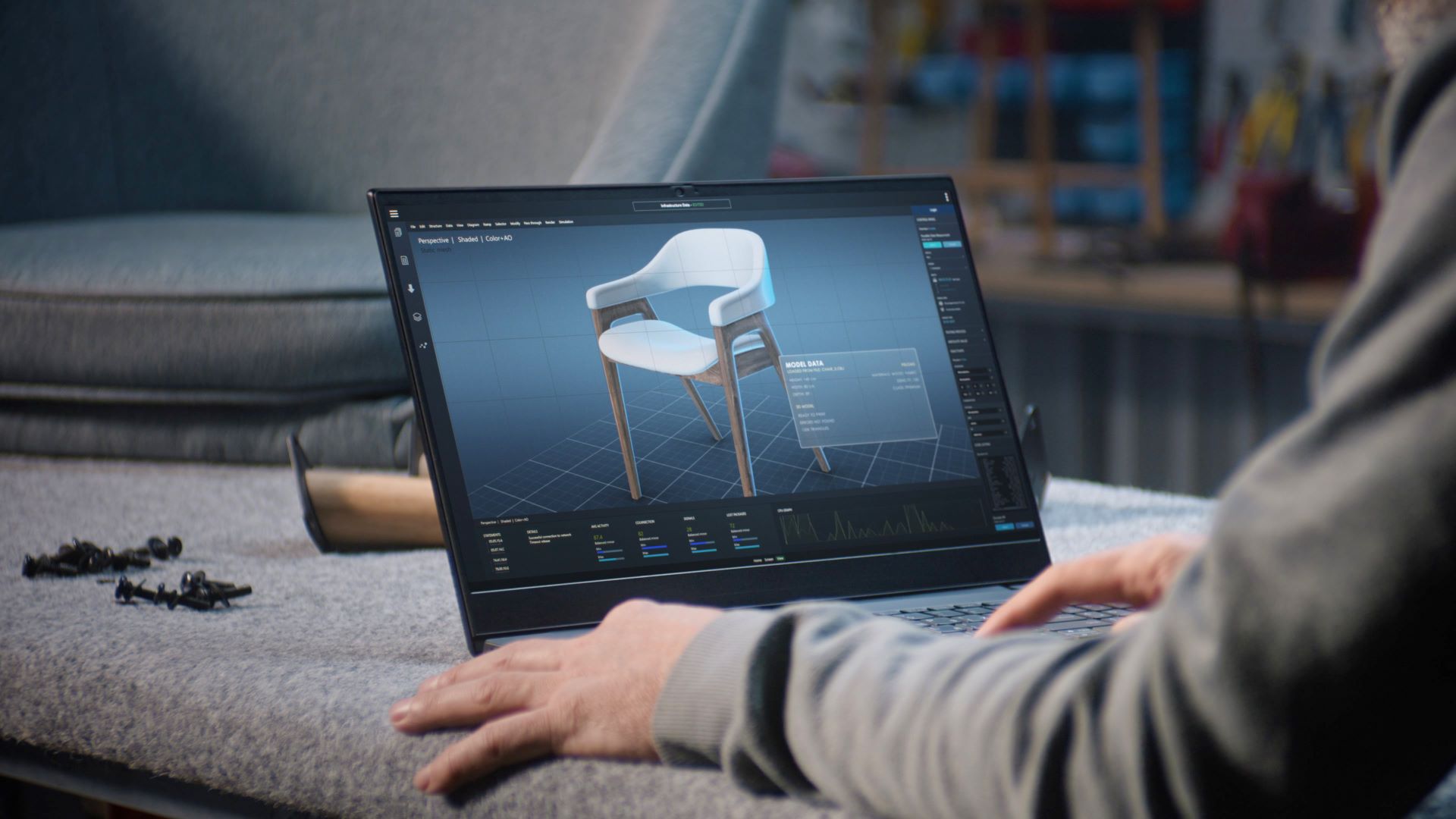 Laptop zeigt digitale 3D-Planung eines Stuhls in Schreiner-Software – Schreiner nutzt moderne Software zur Erstellung eines 3D-Stuhlentwurfs auf einem Laptop.