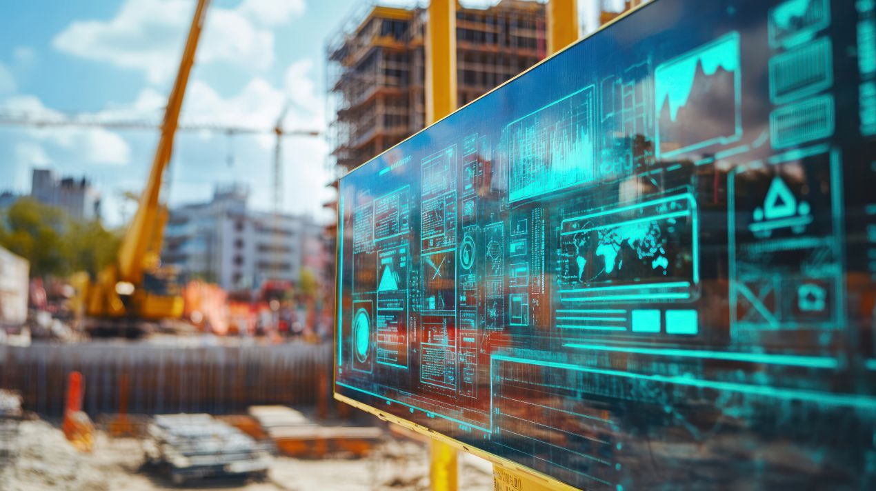 Smartes Baustellen-Dashboard mit digitalen Datenanzeigen vor Kranen – symbolisiert den Einsatz von elektrischen Kettenzuegen in der modernen Foerdertechnik