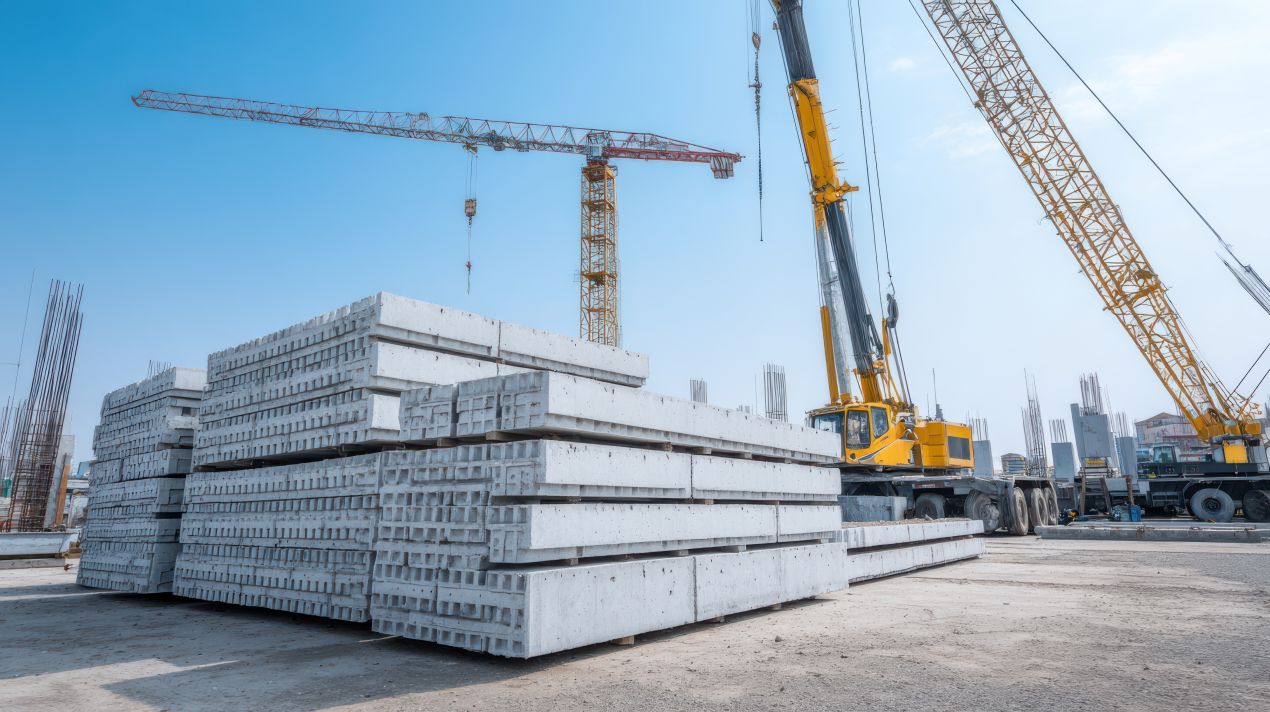 Mehrere grosse Krane und gestapelte Betonbauteile auf Baustelle – typischer Einsatzbereich fuer elektrische Kettenzuege bei Schwerlastmontage