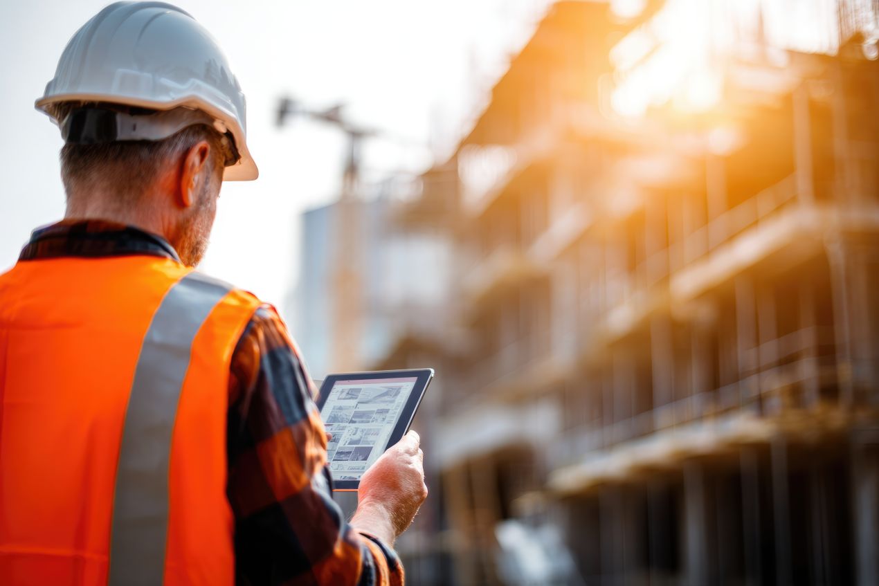 Mann mit Helm und Warnweste bedient Tablet auf aktiver Baustelle – Fokus auf digitale Planung und Steuerung von elektrischen Kettenzuegen