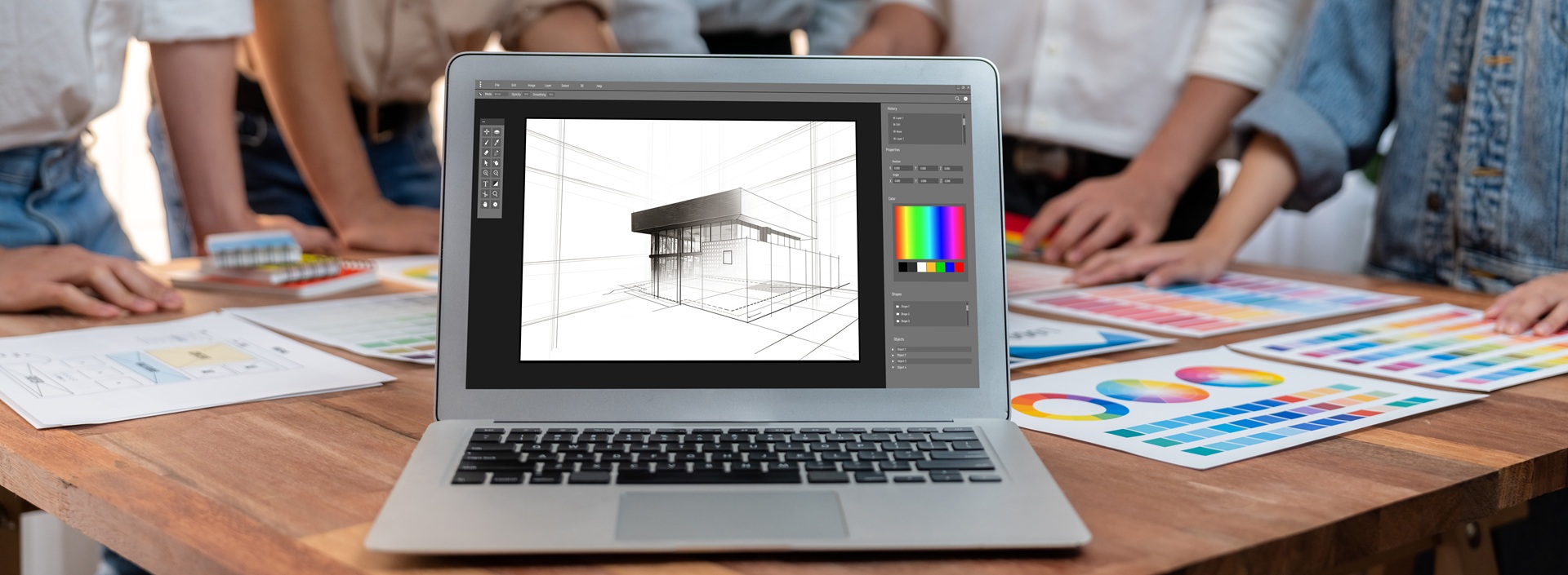 Architekturplanung mit Laptop und Farbfächern | Mooswand Wohnzimmer

