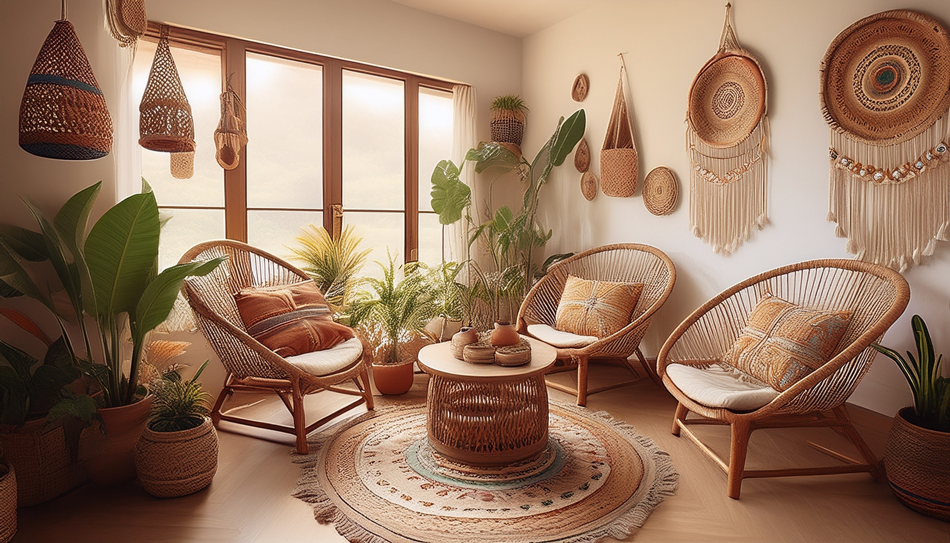 Boho-Wohnzimmer mit Rattanmöbeln und Palettenkissen | Palettenkissen