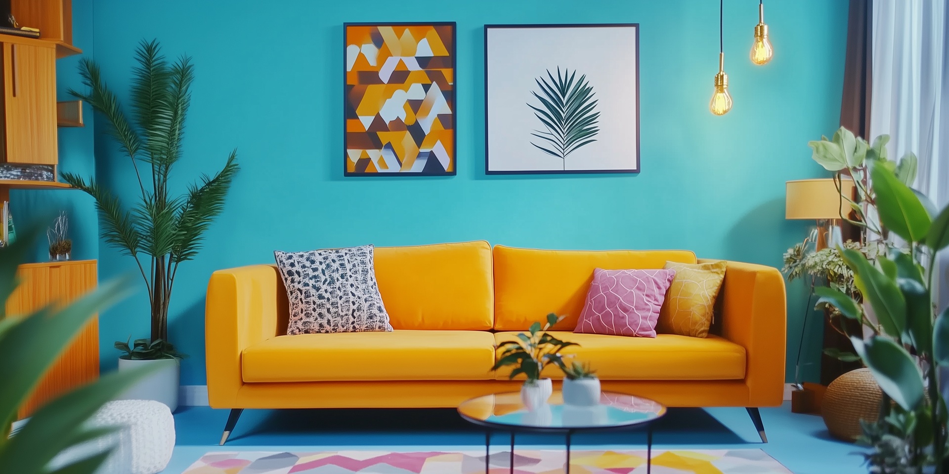 Modernes Wohnzimmer mit gelbem Sofa und Palettenkissen | Palettenkissen