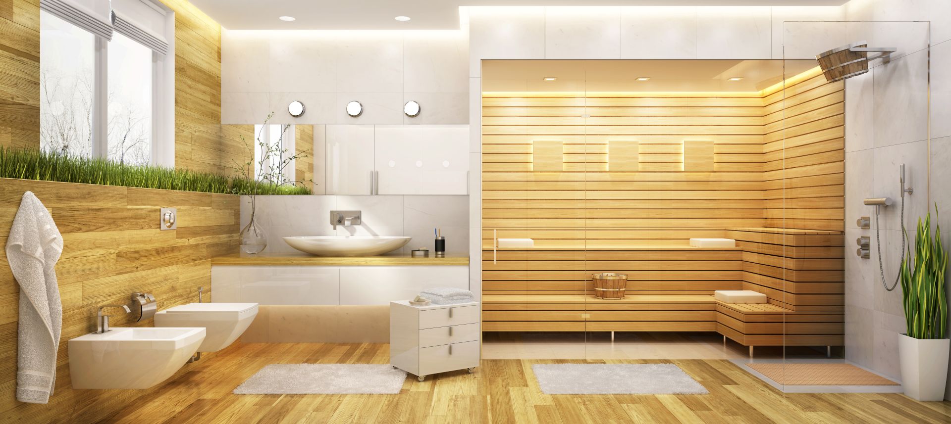 Großzügiges Badezimmer mit Dusche, Waschbecken und integrierter Sauna aus hellem Holz, harmonisches Lichtkonzept