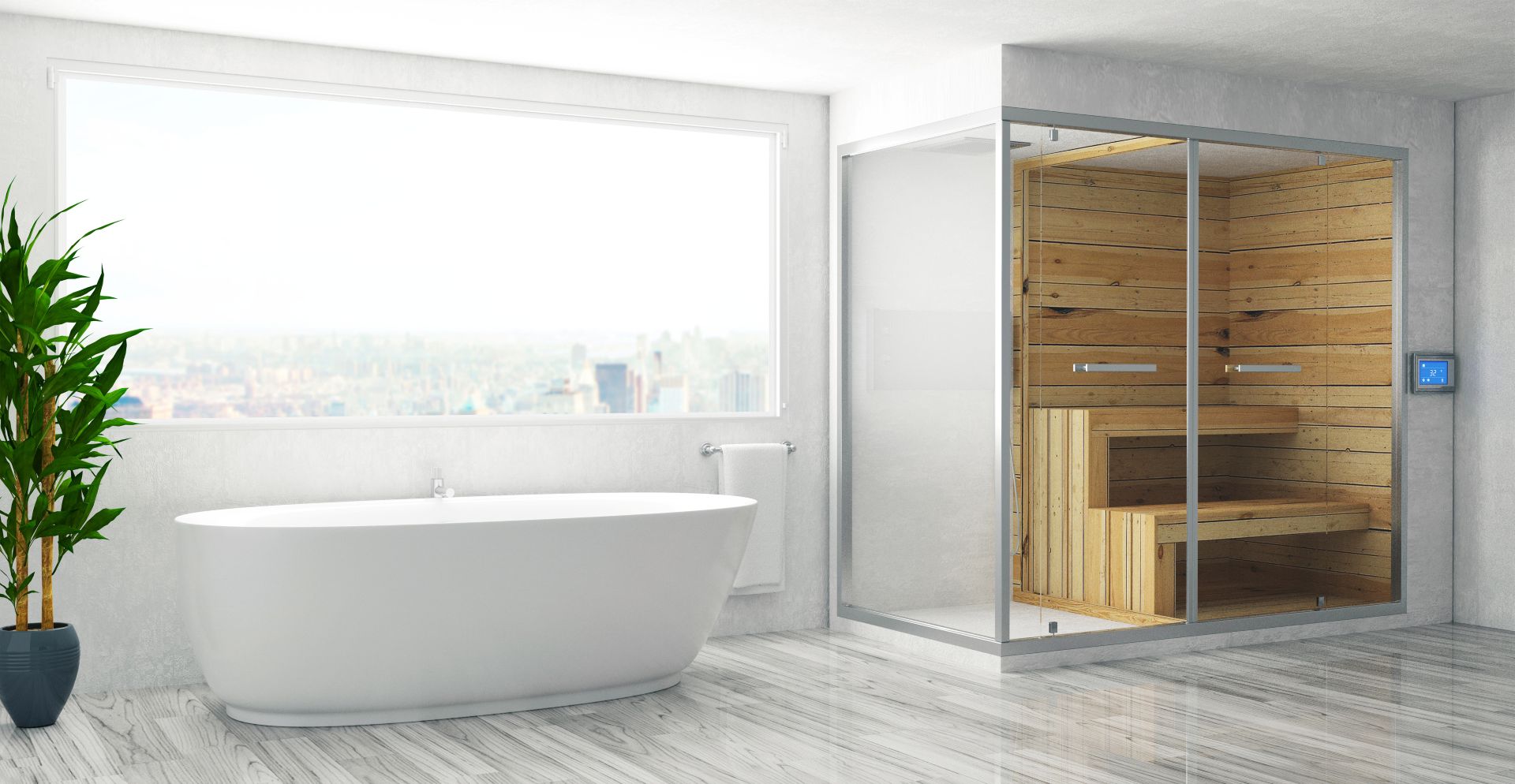 modernes badezimmer mit infrarotsauna aus holz und glas neben badewanne mit panorama aussicht
