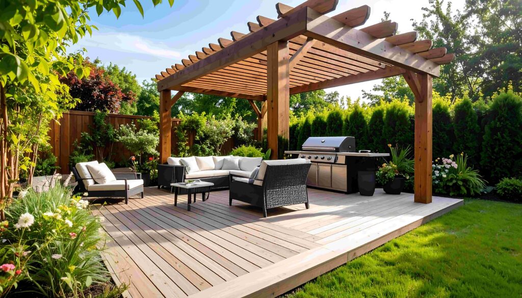 Außenbereich mit Terrasse, Pergola und Grill