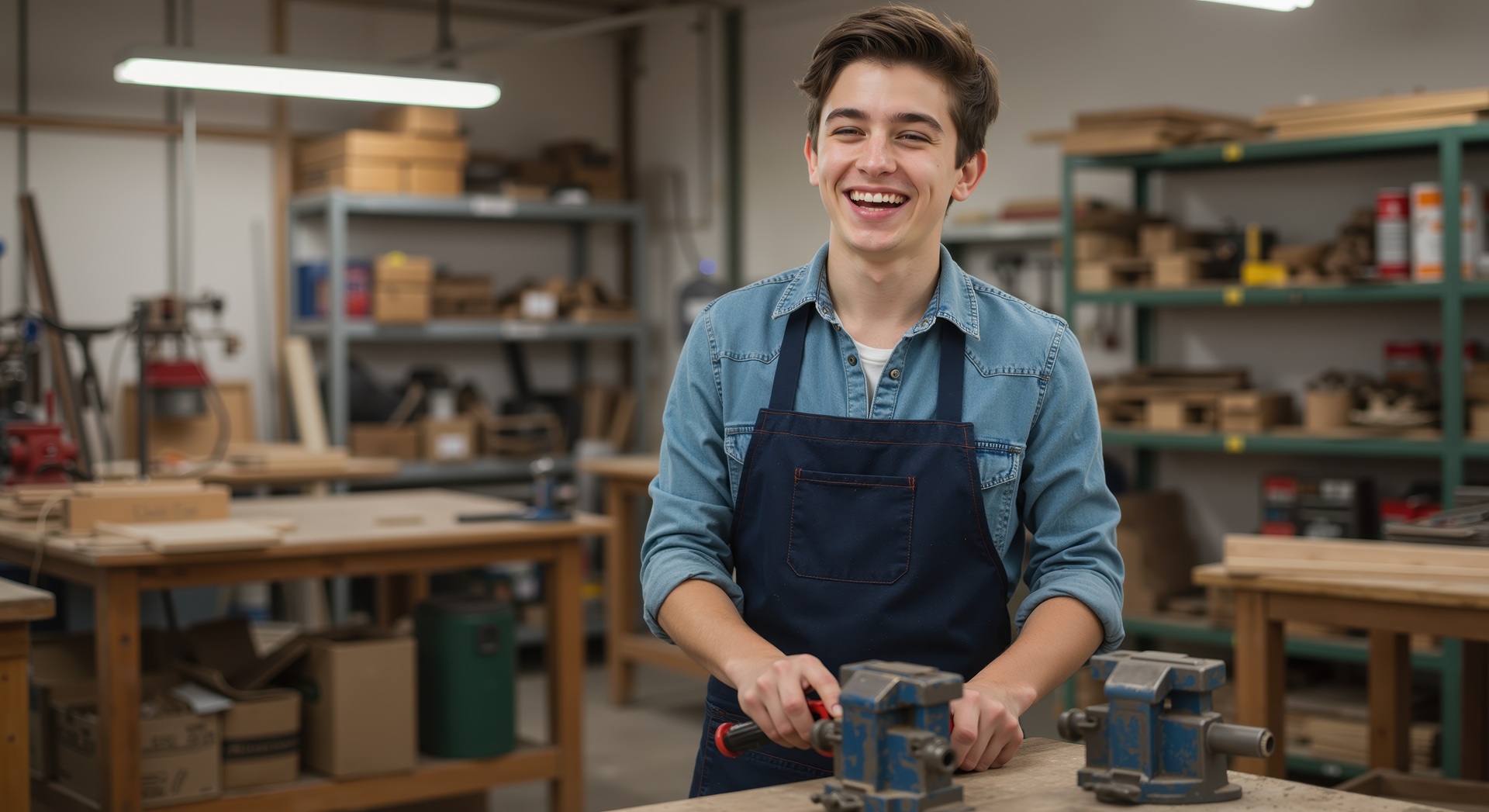 Junger Handwerker lacht in Werkstattumgebung | Gerüstbanner